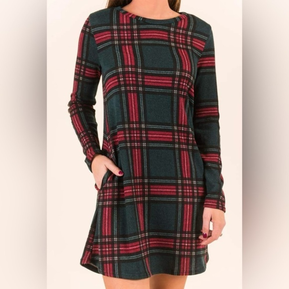 Women's Long Sleeve Plaid Color Block Casual Swing Loose Fit Tunic Dress
